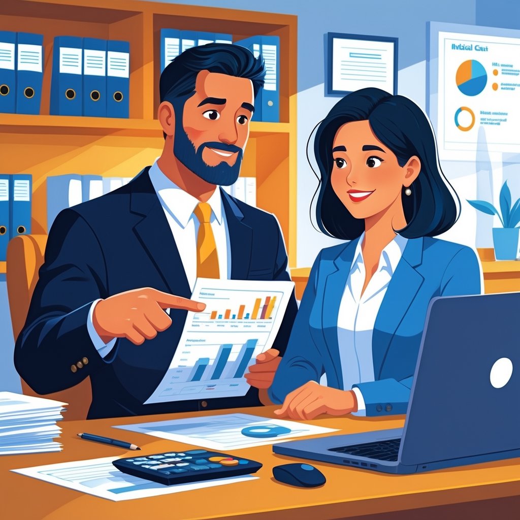 A lawyer and a client reviewing medical bills together in an office, with the lawyer explaining and the client looking relieved.