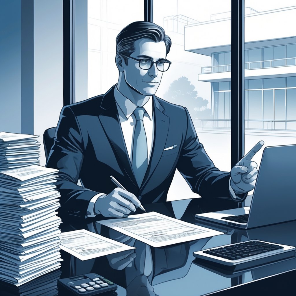 A lawyer in an office reviewing medical bills and documents at a desk with a hospital visible outside the window.