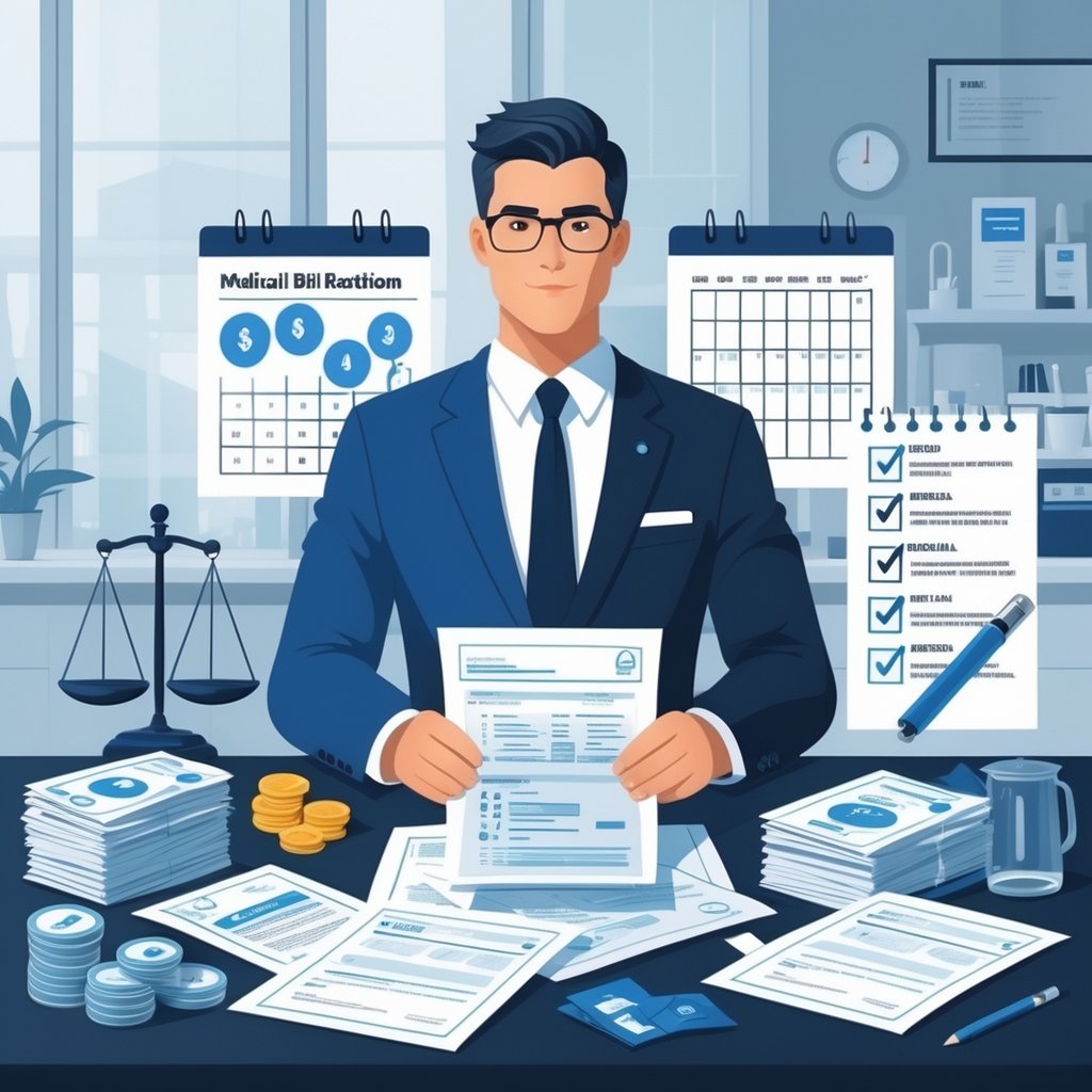 A lawyer reviewing medical bills and documents at a desk with symbols representing factors affecting medical bill reductions, including a scale, calendar, and checklist, with a hospital scene in the background.