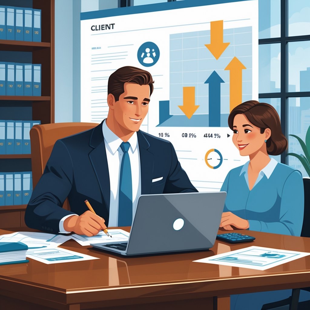 A lawyer and a patient sitting at a desk in an office, reviewing medical bills and documents together.