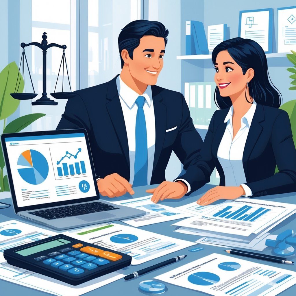 A lawyer and a client reviewing medical bills and documents in an office, with legal and financial items on the desk.