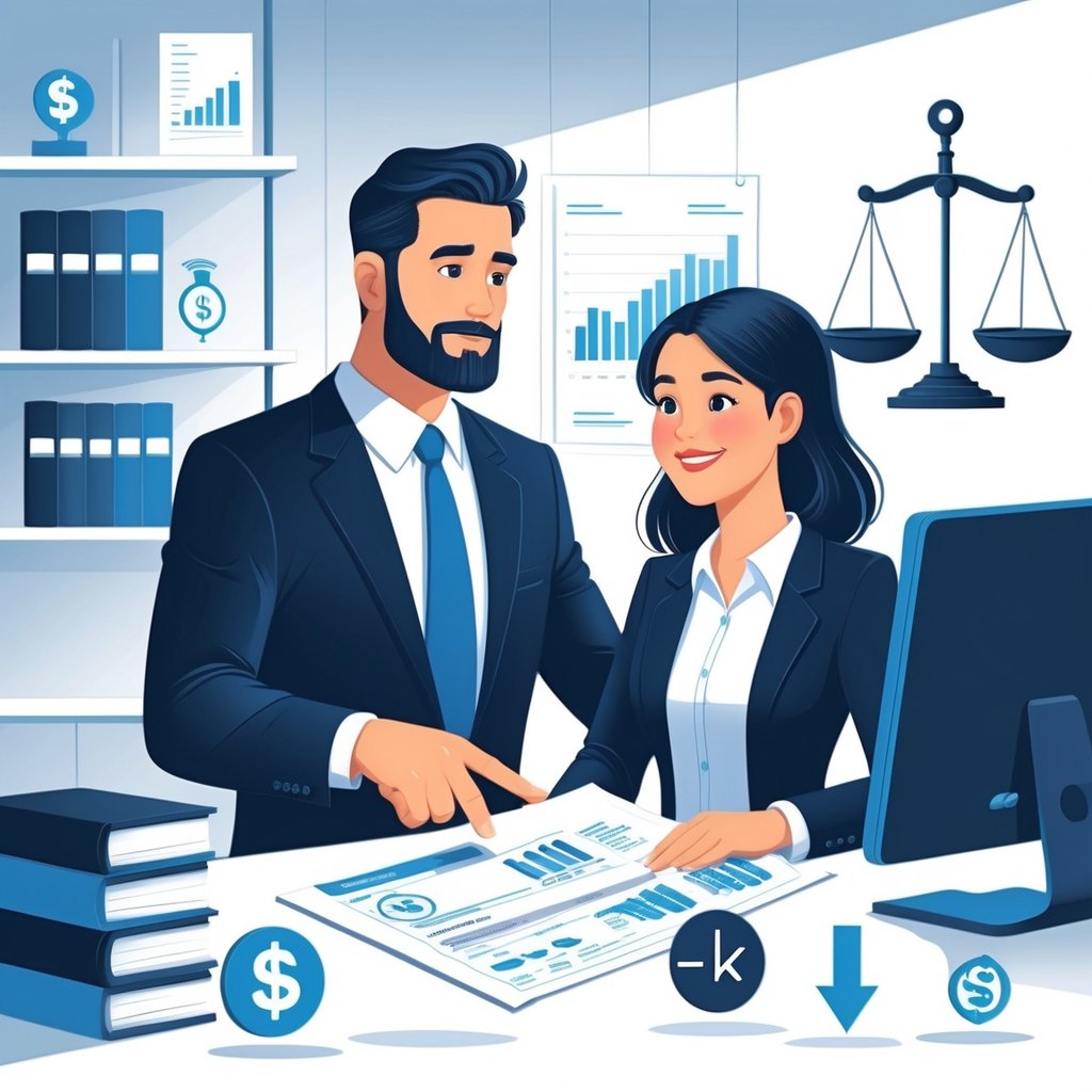 A lawyer and a client discussing medical bills in an office, with documents and charts on the desk, showing a negotiation scene.