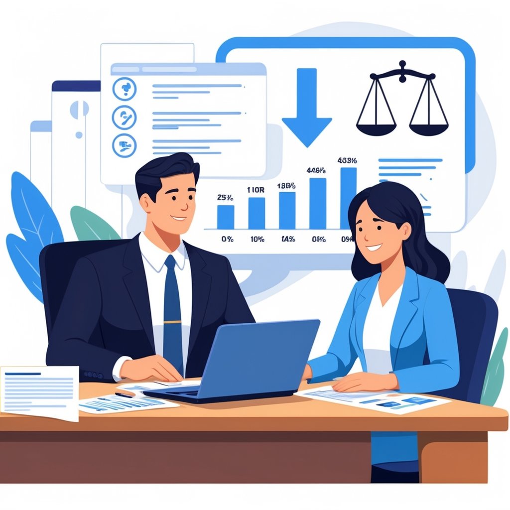 A lawyer and client discussing medical bills with documents and charts showing bill reductions in a modern office.