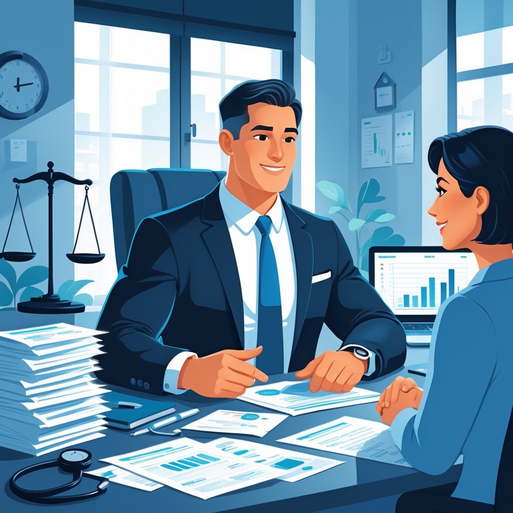 A lawyer discussing medical bills with a client in an office, with documents and healthcare symbols visible on the desk.