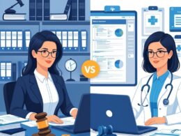 Two professionals at their desks: a legal secretary working with law books and legal documents on one side, and a medical secretary managing patient records and medical charts on the other.