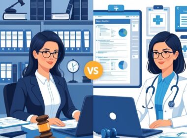 Two professionals at their desks: a legal secretary working with law books and legal documents on one side, and a medical secretary managing patient records and medical charts on the other.
