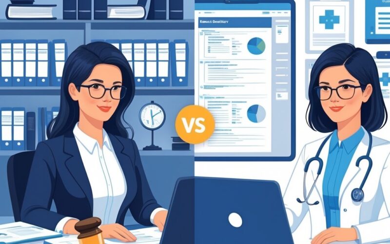 Two professionals at their desks: a legal secretary working with law books and legal documents on one side, and a medical secretary managing patient records and medical charts on the other.