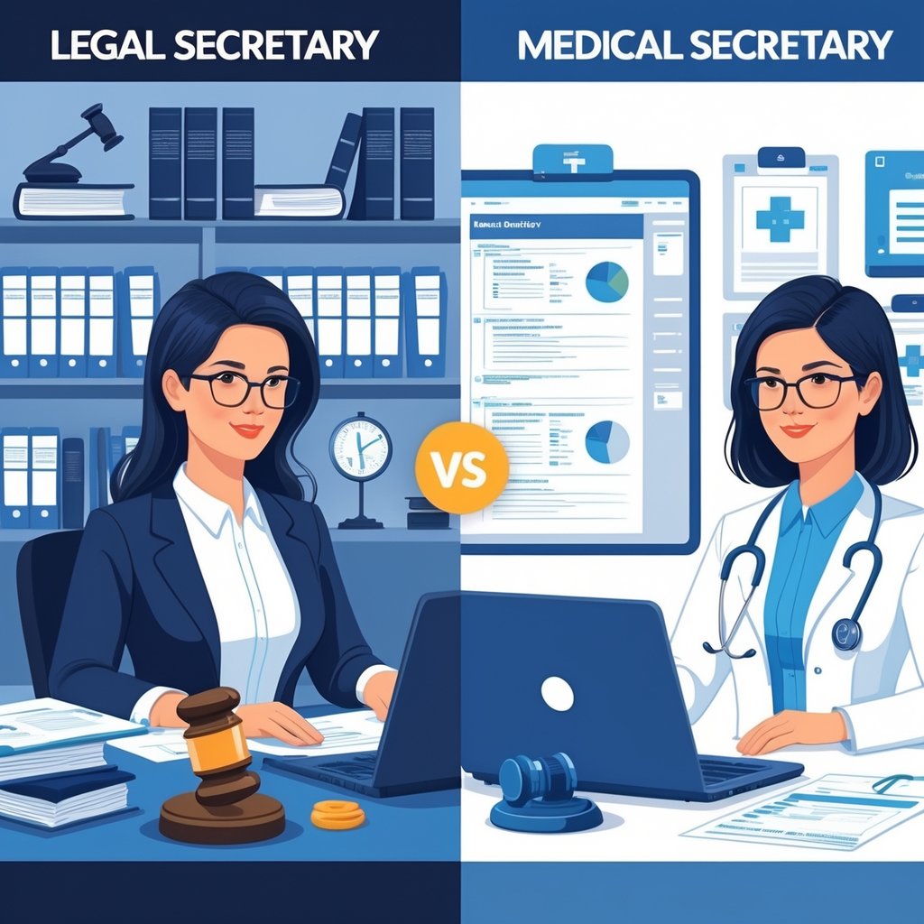 Two professionals at their desks: a legal secretary working with law books and legal documents on one side, and a medical secretary managing patient records and medical charts on the other.