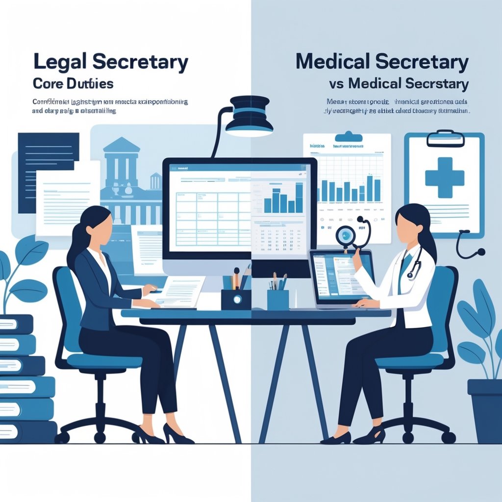 An illustration showing two office scenes side by side: on the left, a legal secretary working with law documents and office equipment; on the right, a medical secretary managing patient records and medical office tools.