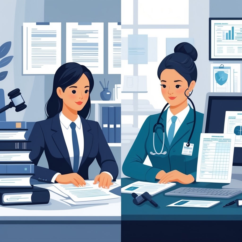 Two professionals side by side: a legal secretary working with law books and legal documents in an office, and a medical secretary managing patient records and medical charts in a healthcare setting.
