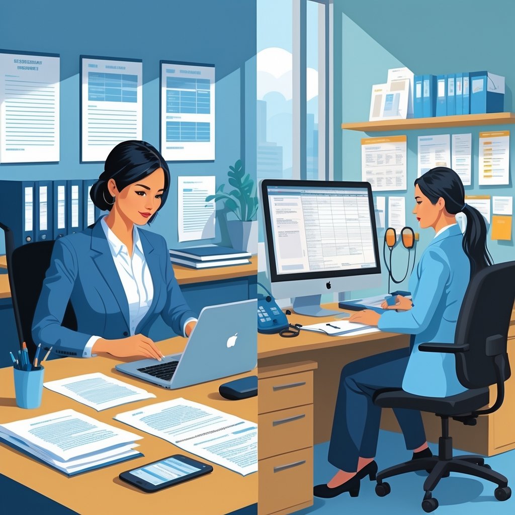 Split scene showing a legal secretary working in a law office with legal documents and books, and a medical secretary in a medical office managing patient records and appointments.