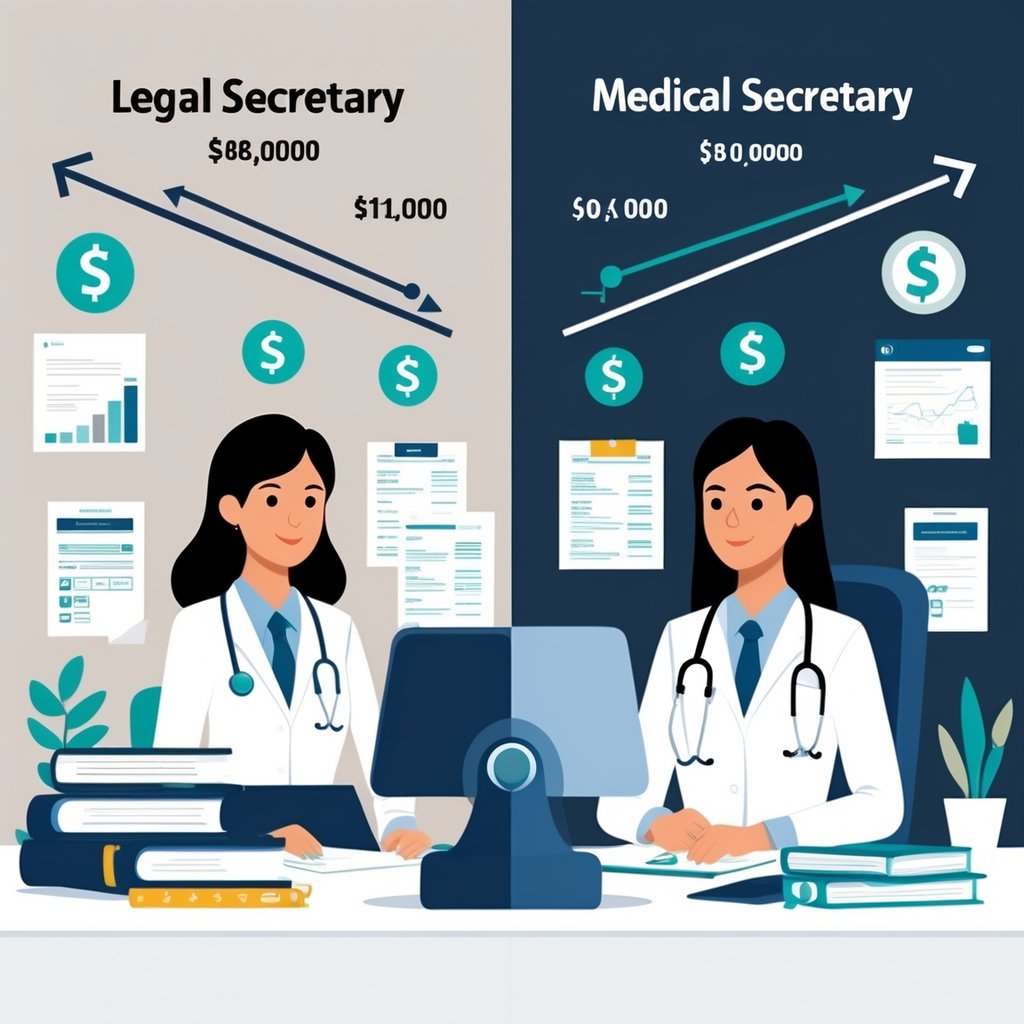 Two women working side by side, one in a law office and the other in a medical clinic, with arrows above them indicating career and salary growth.