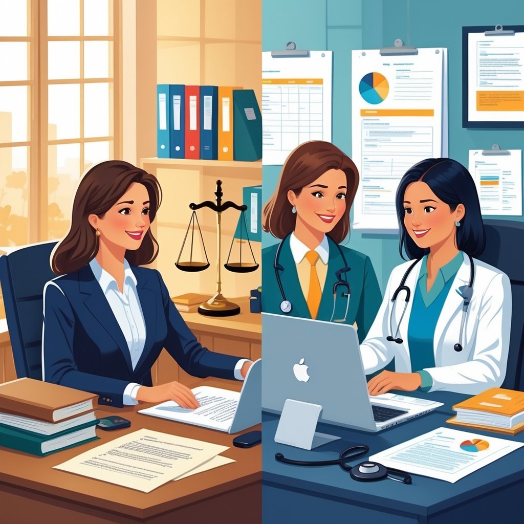 Two side-by-side scenes showing a legal secretary talking to a lawyer in a law office and a medical secretary interacting with a doctor and nurse in a medical office.