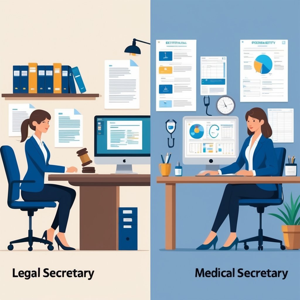 Two professionals working side by side, one organizing legal documents in an office, the other managing medical records in a clinic.