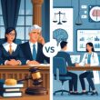 A split scene showing a courtroom with a judge and lawyer on one side and a psychiatrist consulting a patient in a medical office on the other, illustrating the difference between legal and medical insanity.