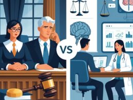 A split scene showing a courtroom with a judge and lawyer on one side and a psychiatrist consulting a patient in a medical office on the other, illustrating the difference between legal and medical insanity.