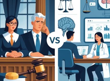 A split scene showing a courtroom with a judge and lawyer on one side and a psychiatrist consulting a patient in a medical office on the other, illustrating the difference between legal and medical insanity.