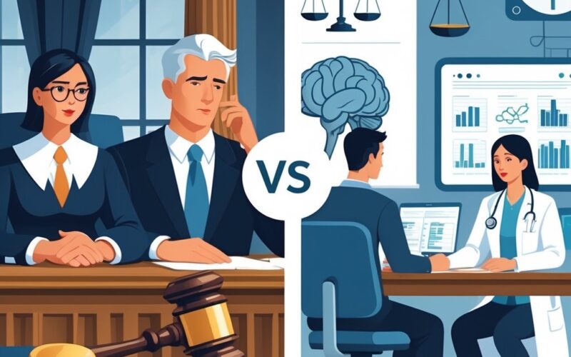A split scene showing a courtroom with a judge and lawyer on one side and a psychiatrist consulting a patient in a medical office on the other, illustrating the difference between legal and medical insanity.