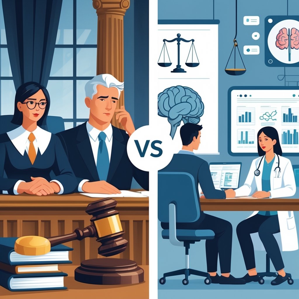A split scene showing a courtroom with a judge and lawyer on one side and a psychiatrist consulting a patient in a medical office on the other, illustrating the difference between legal and medical insanity.