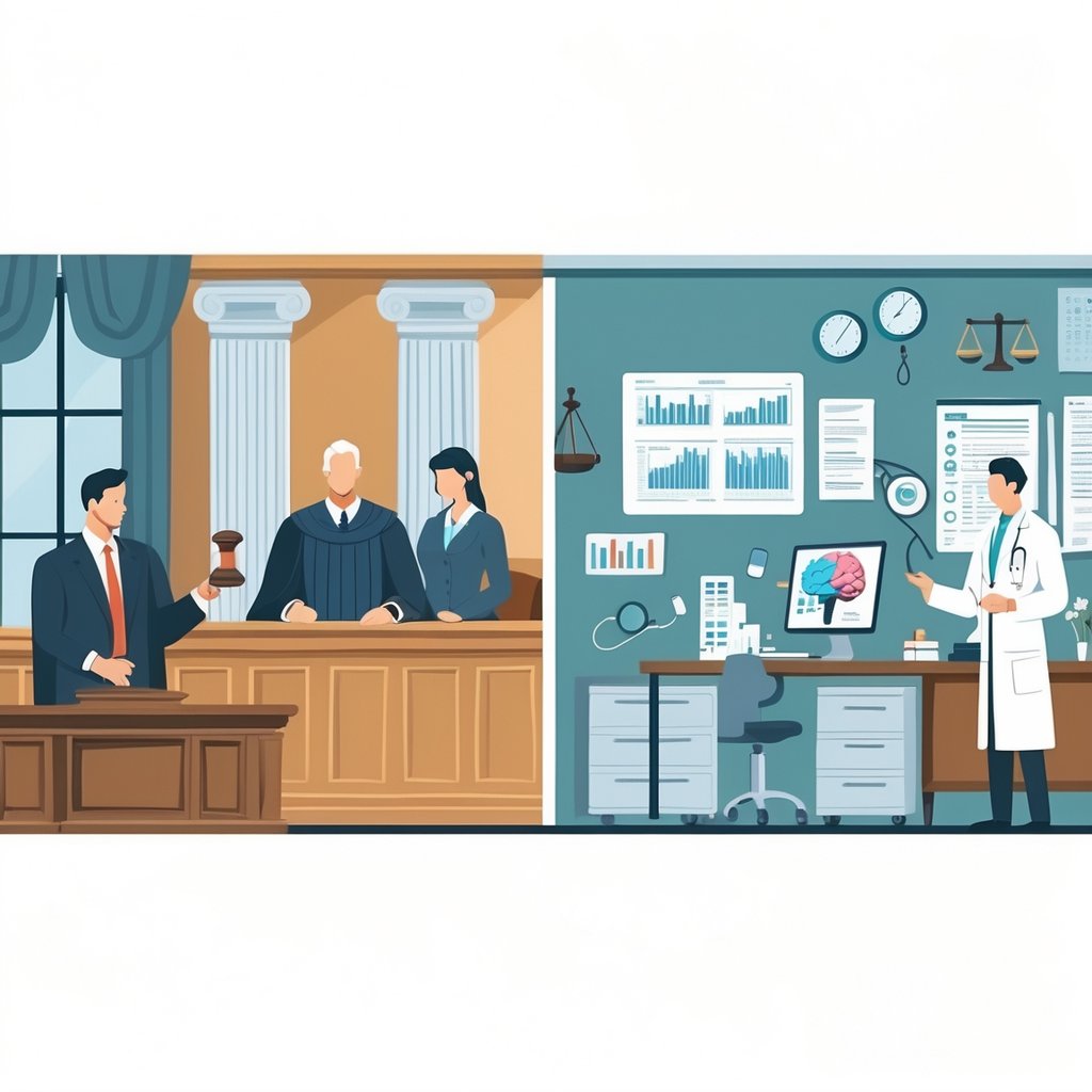 An illustration showing a courtroom scene on the left with a judge, lawyer, and defendant, and a medical setting on the right with a doctor examining a patient and brain scans, visually contrasting legal and medical insanity.
