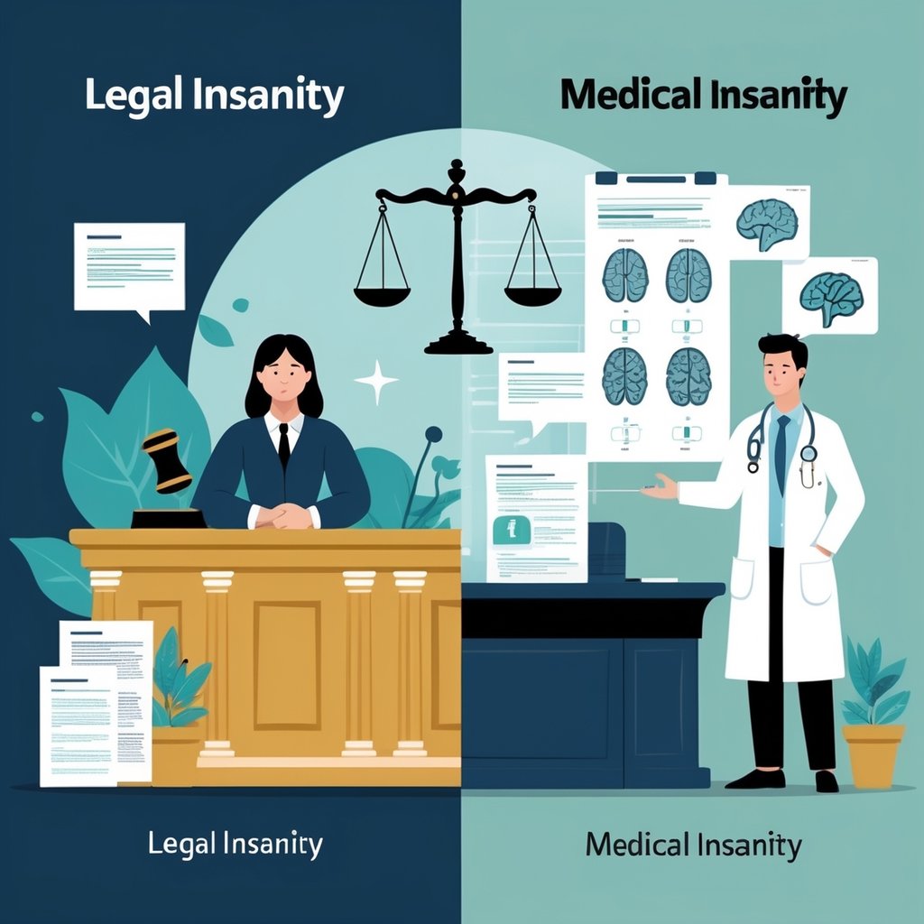An illustration split into two parts: one side shows a courtroom with a judge, scales of justice, and a person standing before the judge; the other side shows a medical setting with a doctor examining a patient and brain scans in the background.