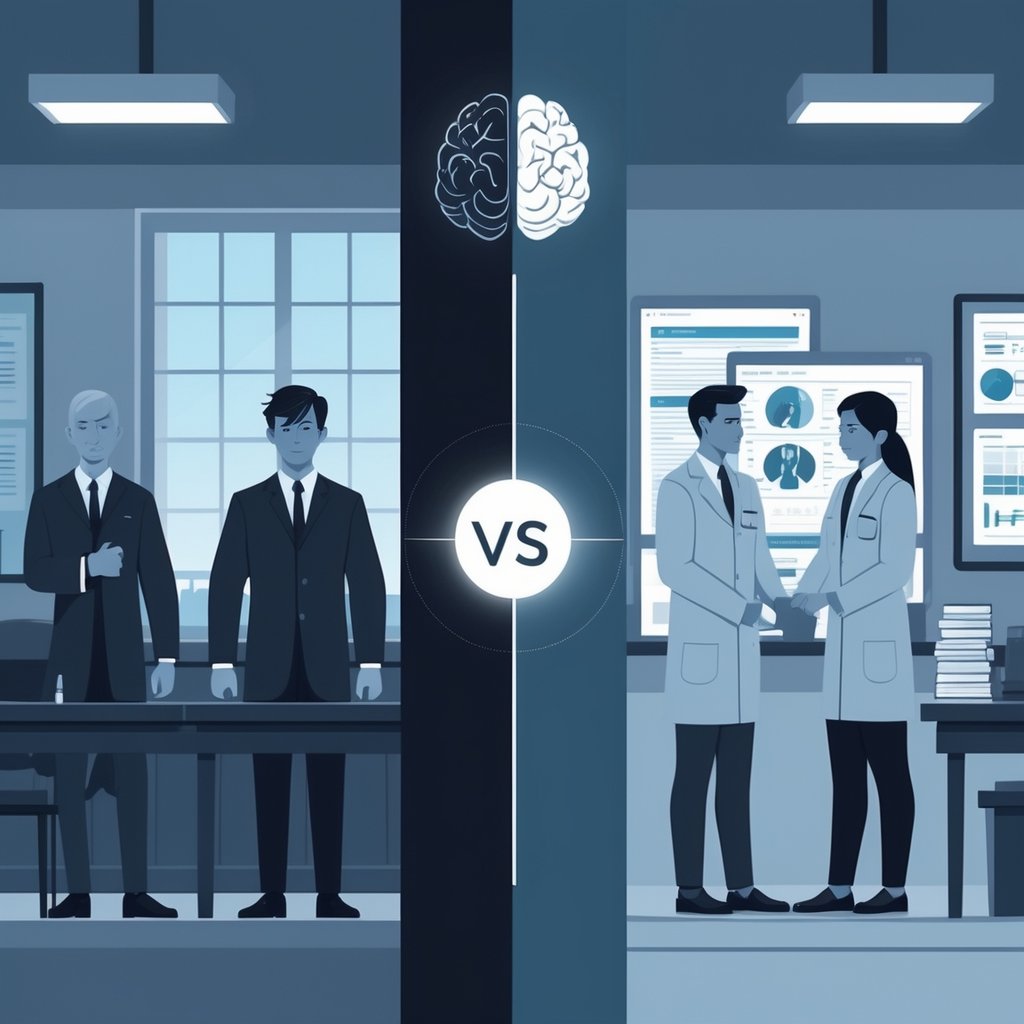 An illustration divided into two halves showing a courtroom scene with a judge and defendant on one side and a psychiatrist examining a patient in a clinical setting on the other, connected by a glowing brain icon above.