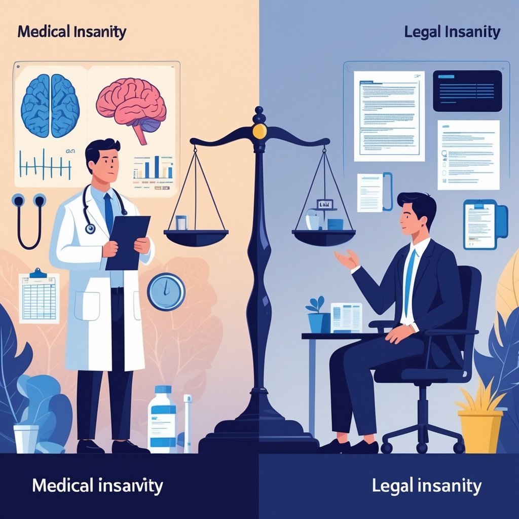 A split scene showing a doctor with a brain model and medical tools on one side, and a psychiatrist interviewing a patient with psychological tests on the other, with a justice scale and legal items in the center.