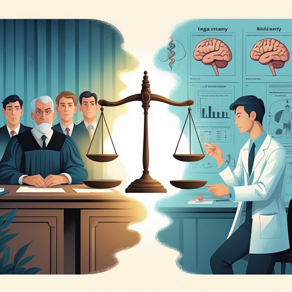 A courtroom scene with a judge and jury on one side and a medical professional examining a patient on the other, connected by a balanced scale symbolizing justice and ethics.