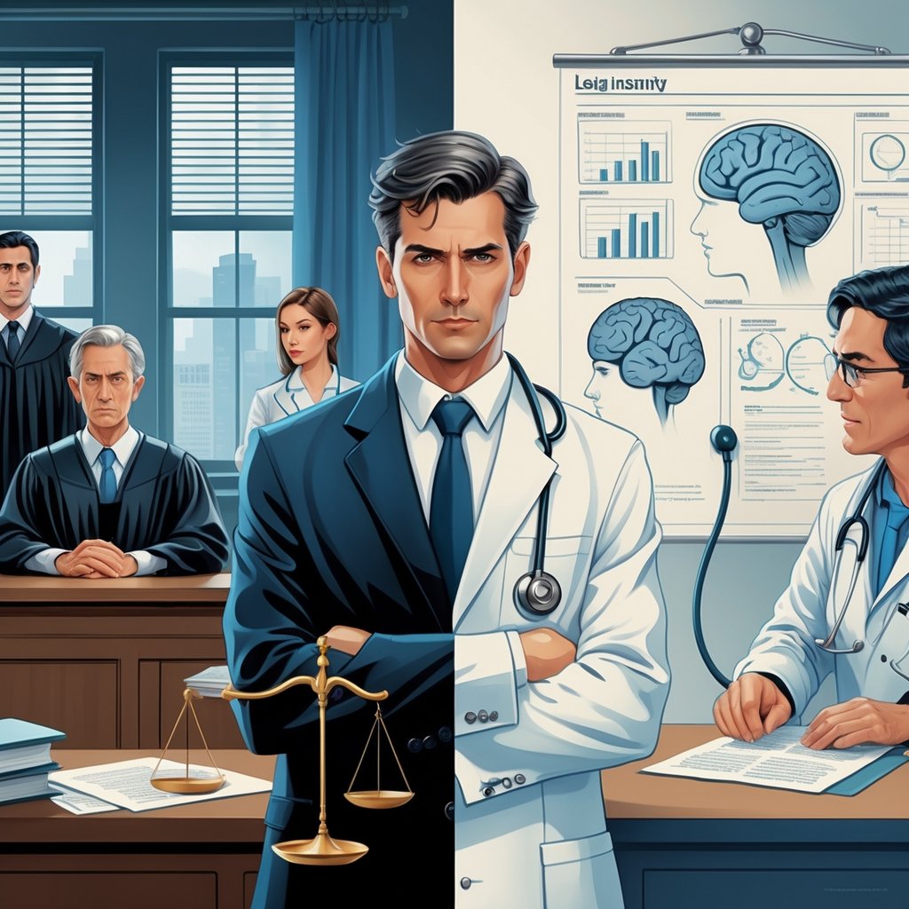 A split scene showing a courtroom with a judge and lawyer on one side, and a psychiatrist consulting a patient in a medical office on the other side.