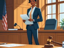 A person confidently standing in a courtroom holding legal documents near a judge