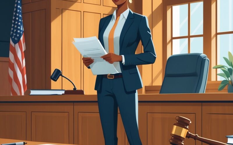 A person confidently standing in a courtroom holding legal documents near a judge