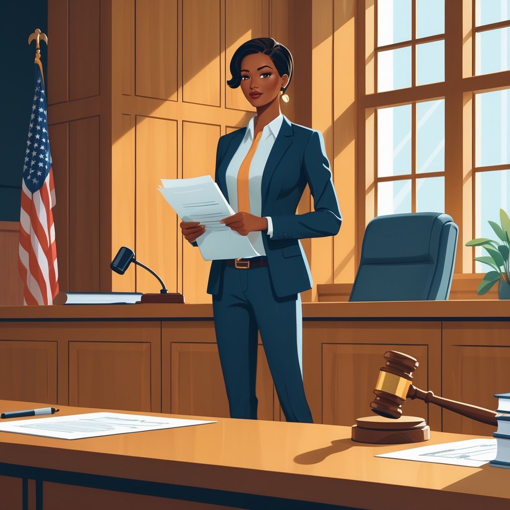 A person confidently standing in a courtroom holding legal documents near a judge's bench, with medical items like a stethoscope visible in the background.