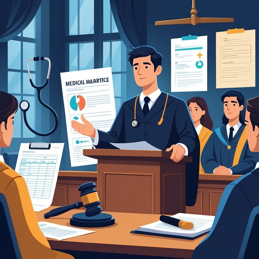A person representing themselves in a courtroom with a judge, jury, and medical symbols like a stethoscope and medical charts nearby.