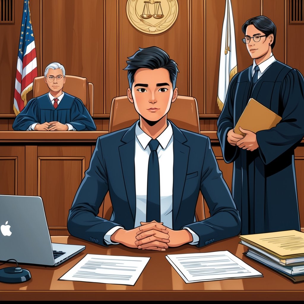 A person representing themselves in a courtroom during a medical malpractice case, sitting at a table with legal documents, a judge in robes listening, and a lawyer standing nearby.