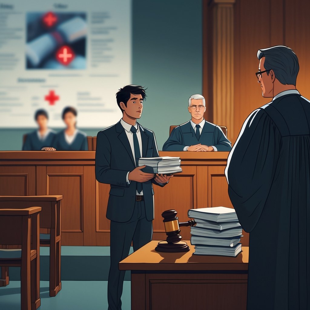 A person standing nervously alone in a courtroom facing a judge and opposing lawyer, with medical symbols in the background representing a medical malpractice case.