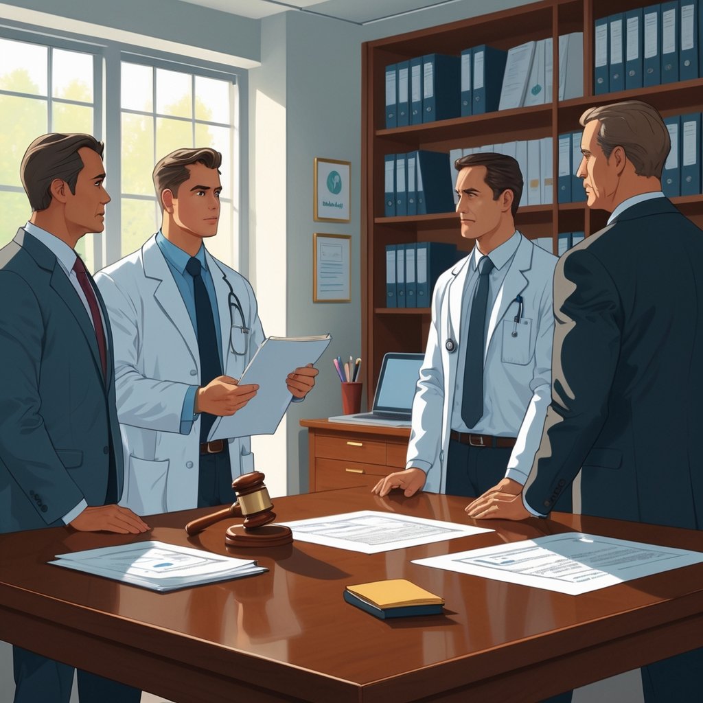 A person representing themselves negotiating a medical malpractice settlement with medical and legal professionals around a table in an office.