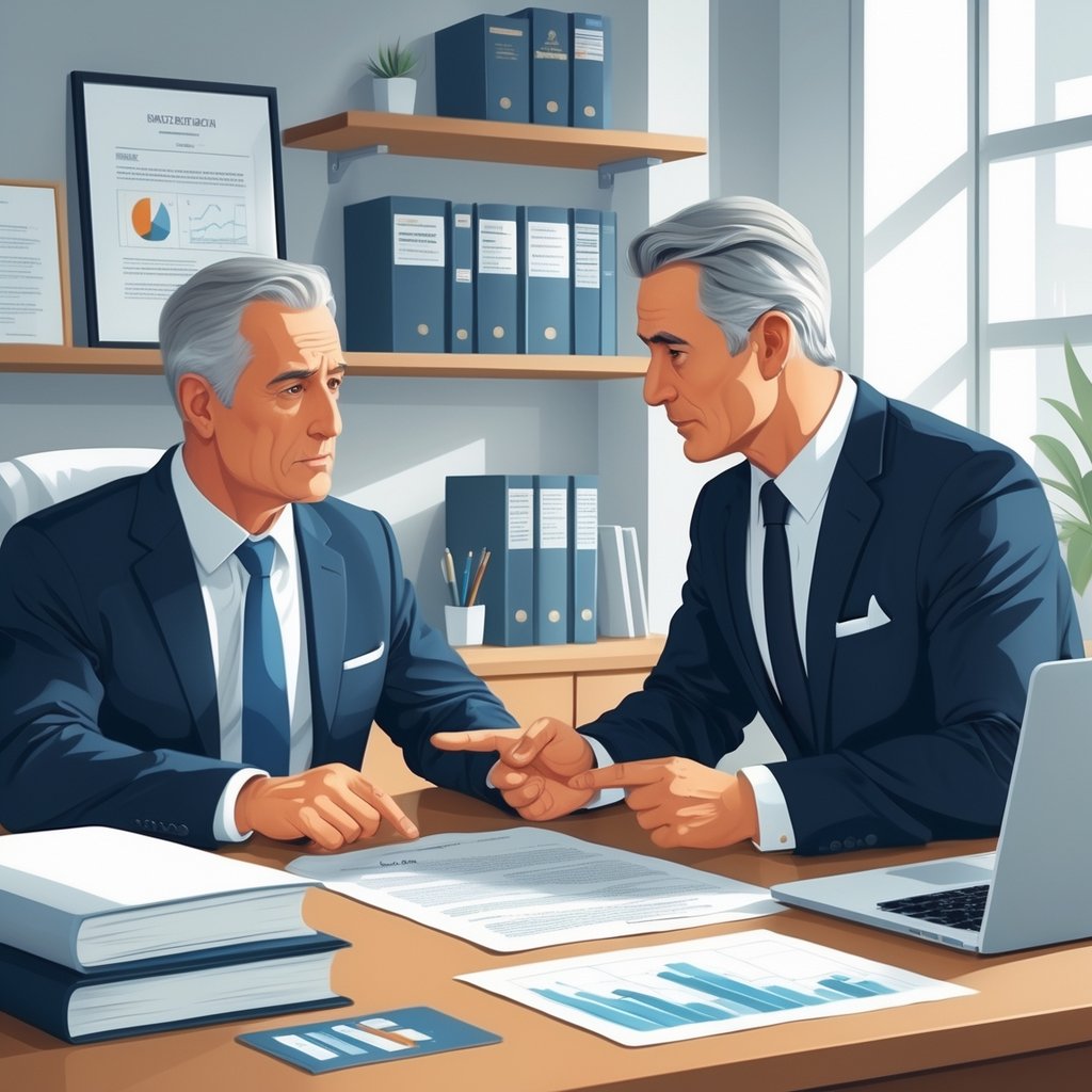 A patient and a lawyer having a serious discussion in an office, with legal documents and books around them.
