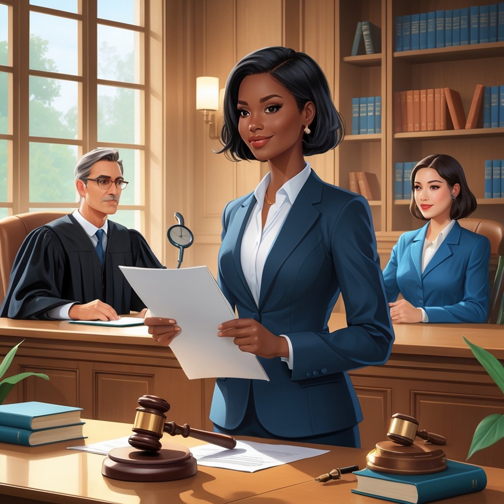 A person in business attire standing in a courtroom, holding legal documents, talking to a judge and a lawyer at the bench.