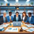 A group of lawyers discussing medical and legal documents in a law firm office with medical and legal symbols on the table.