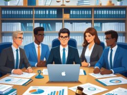 A group of lawyers discussing medical and legal documents in a law firm office with medical and legal symbols on the table.