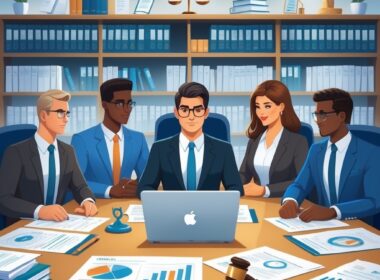 A group of lawyers discussing medical and legal documents in a law firm office with medical and legal symbols on the table.