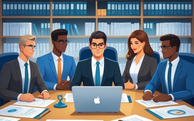 A group of lawyers discussing medical and legal documents in a law firm office with medical and legal symbols on the table.