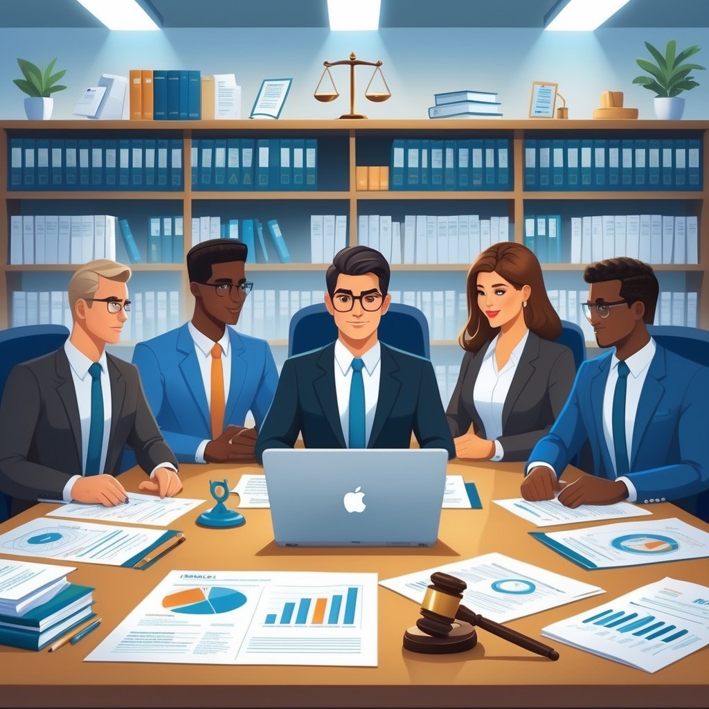 A group of lawyers discussing medical and legal documents in a law firm office with medical and legal symbols on the table.