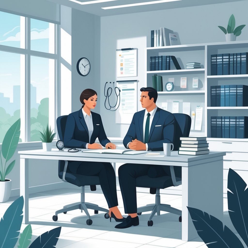 A lawyer consulting with a concerned client in a bright office with medical and legal items in the background.