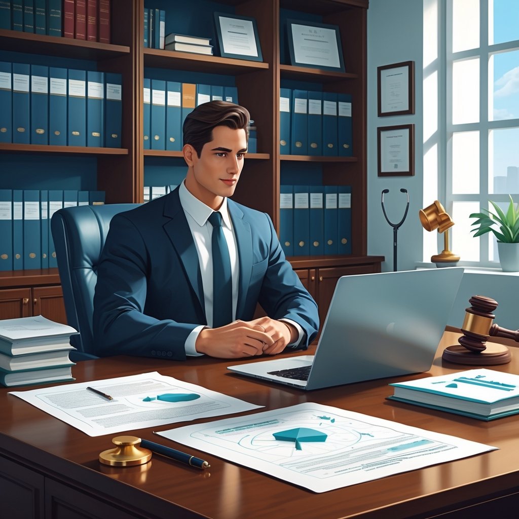 A lawyer and client talking at a desk in a law office with legal and medical books, documents, and professional items around them.
