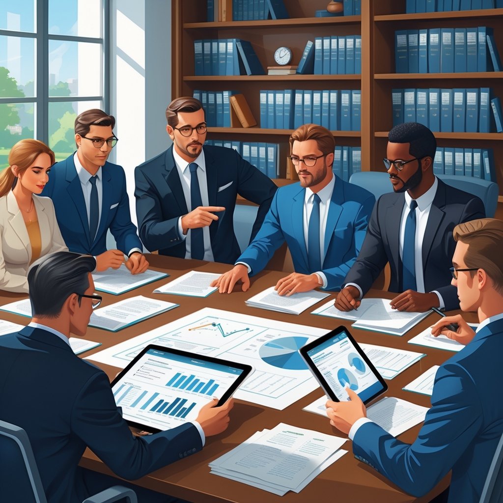 A group of lawyers discussing medical negligence cases around a conference table with documents and digital devices in a well-lit office.