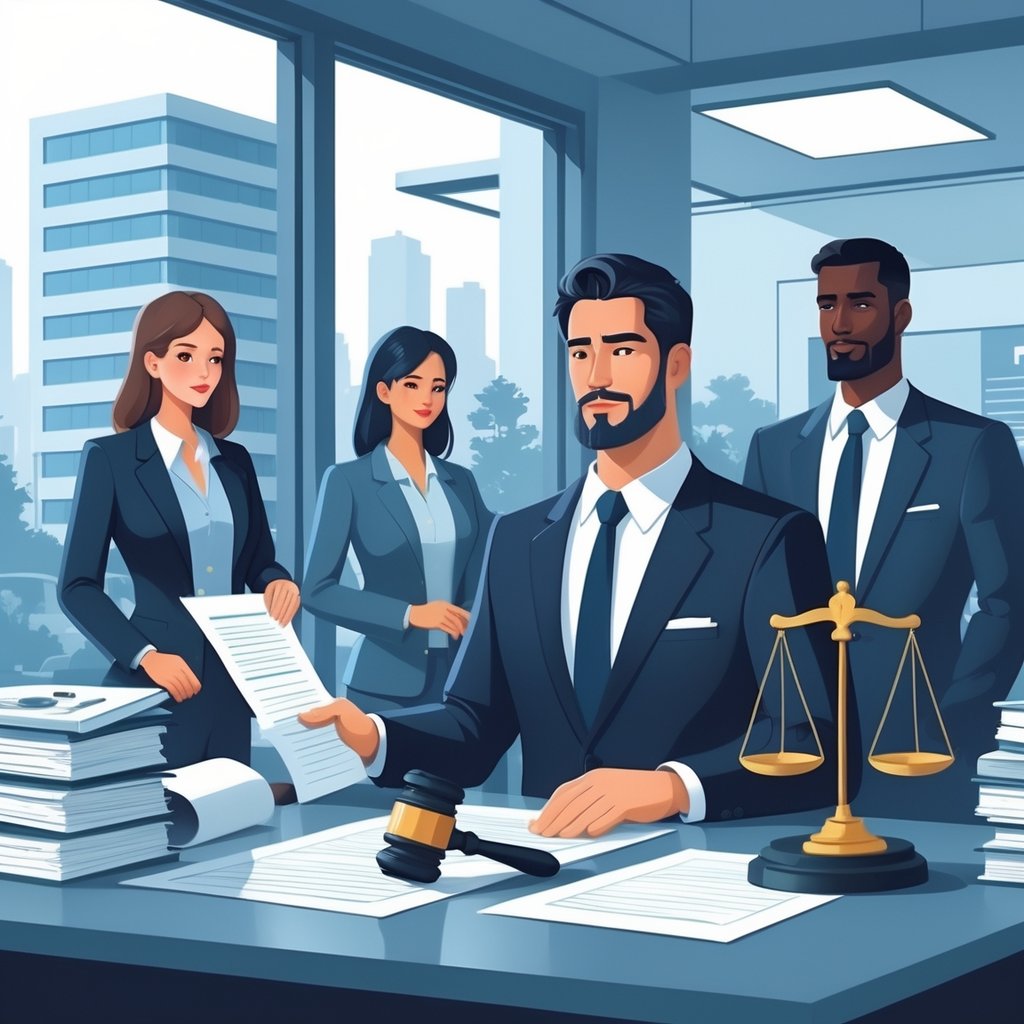 A group of lawyers working in a law office with medical documents, a gavel, scales of justice, a hospital, and a courtroom in the background.