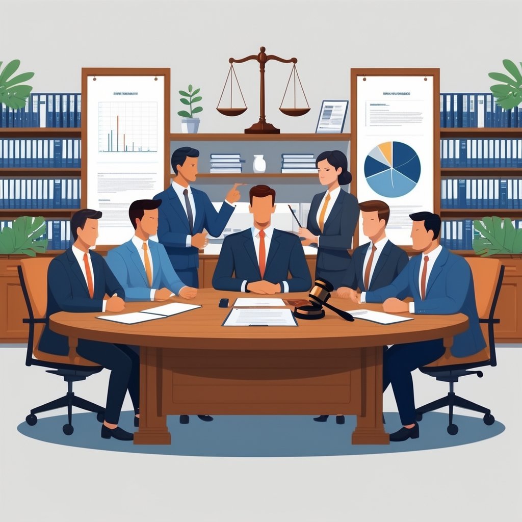 A group of lawyers in a conference room discussing legal documents with medical items like a stethoscope and a gavel on the table, surrounded by bookshelves filled with legal and medical books.