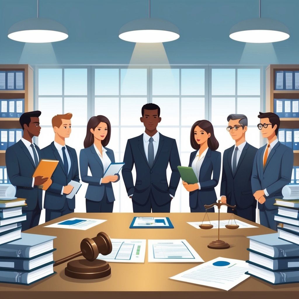 A group of lawyers reviewing medical documents in a law office with legal books and medical items visible.