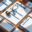 A desk with various medical legal documents including a consent form, medical history chart, prescription pad, legal contract, and insurance claim form, accompanied by a stethoscope, gavel, caduceus symbol, and reading glasses.